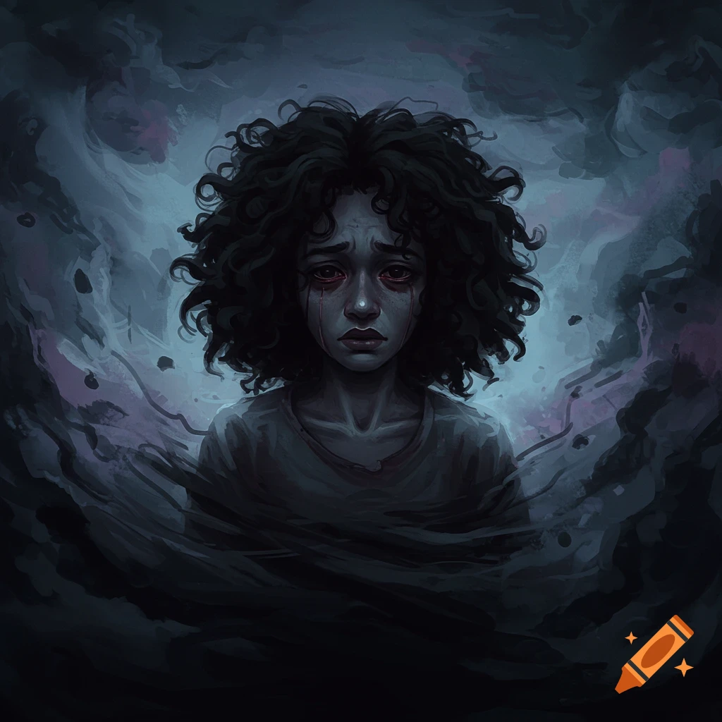 Digital painting of a person with curly hair crying with red eyes, surrounded by dark, swirling clouds.