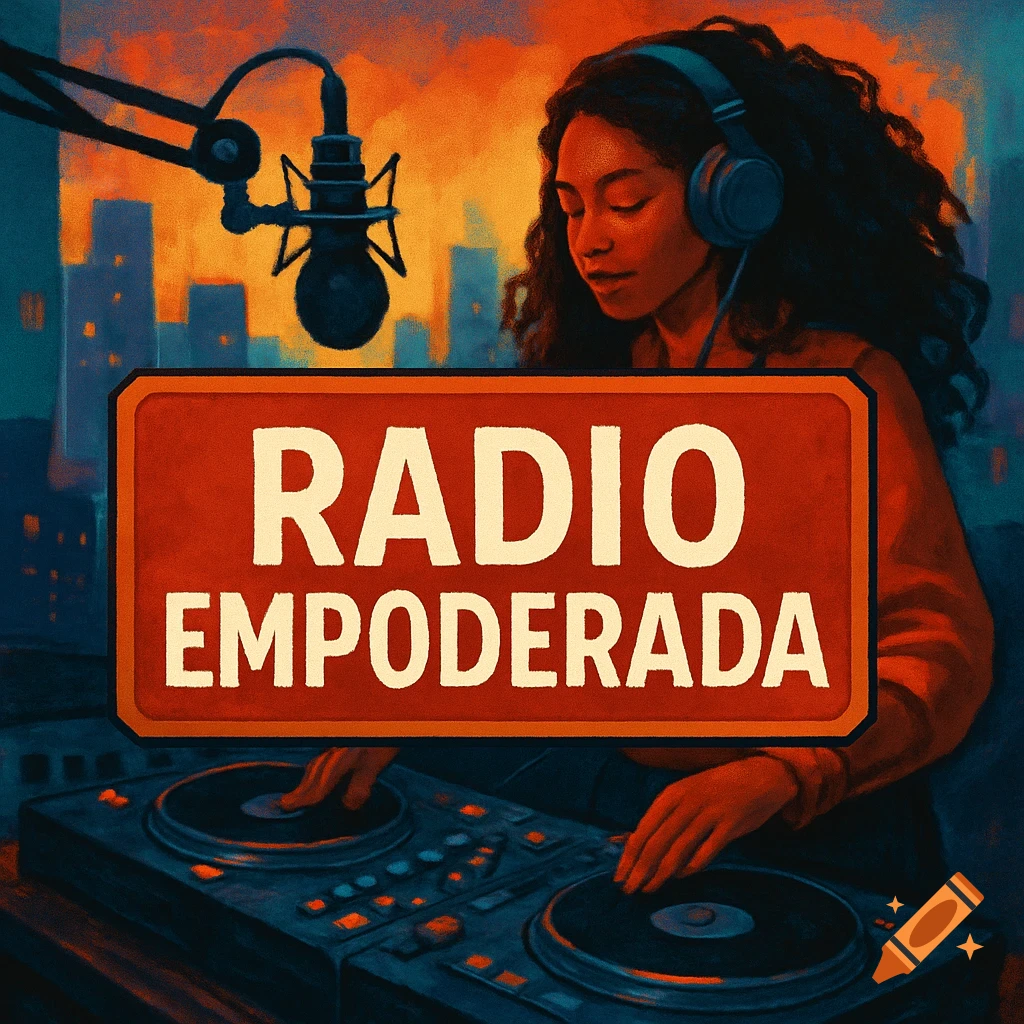 A stylized painting shows a woman DJing with a large sign that reads 'RADIO EMPODERADA'.