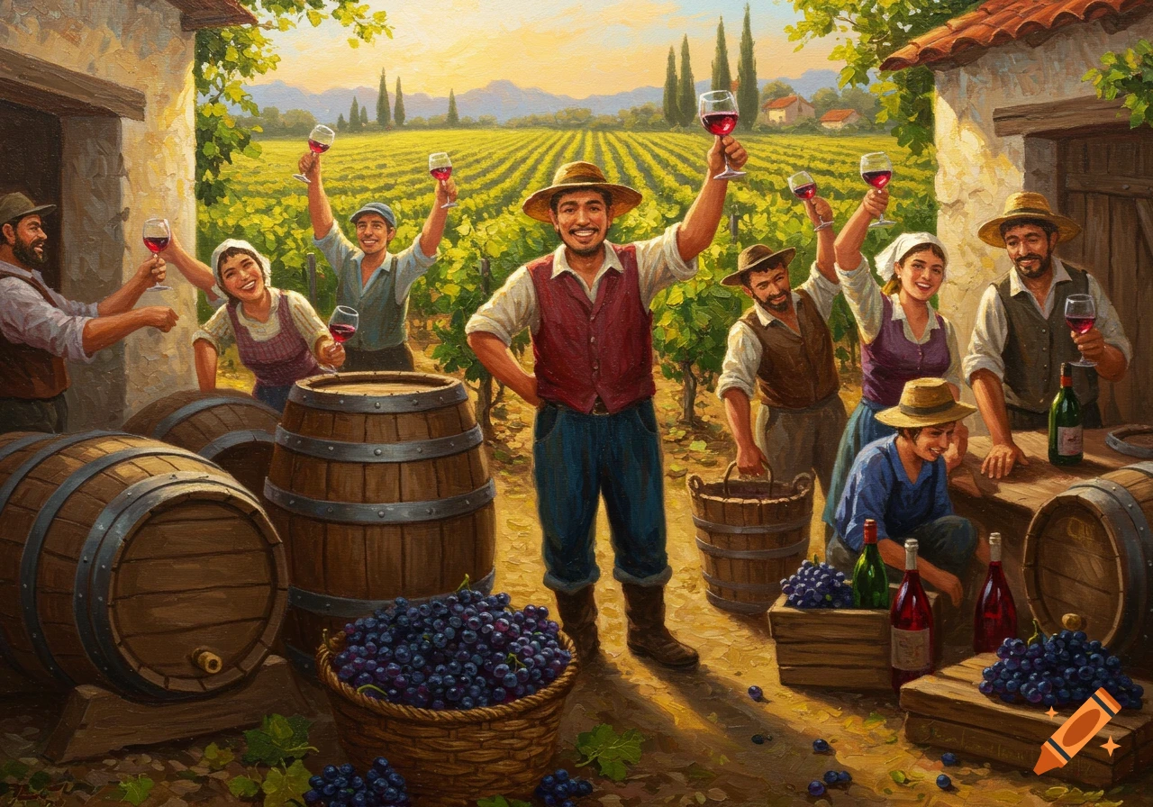 Oil painting of people celebrating the grape harvest in a vineyard with barrels and wine glasses.
