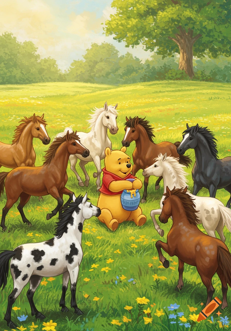 Illustration of Winnie the Pooh sitting in a field with a pot of honey, surrounded by horses.