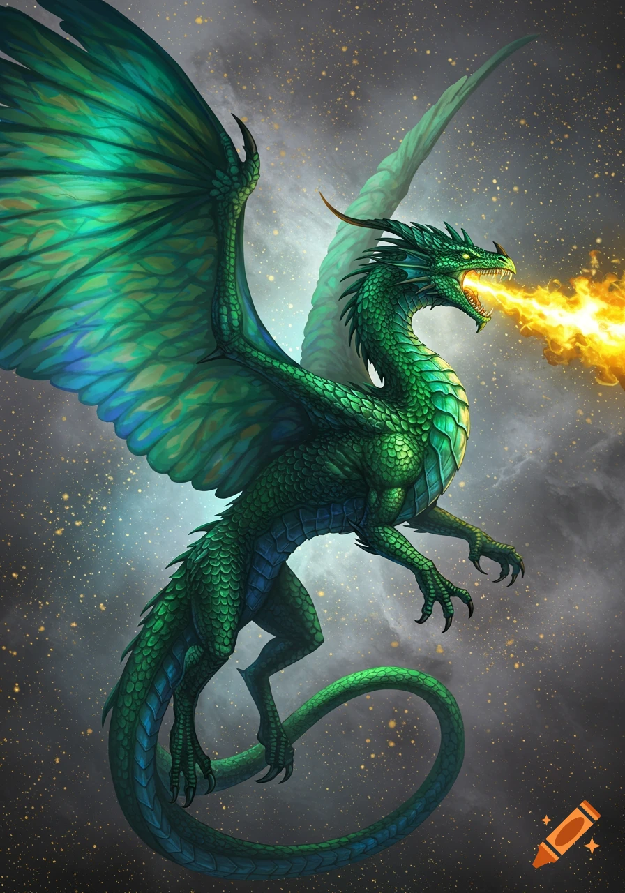 A green dragon breathes fire while flying in a starry sky. on Craiyon