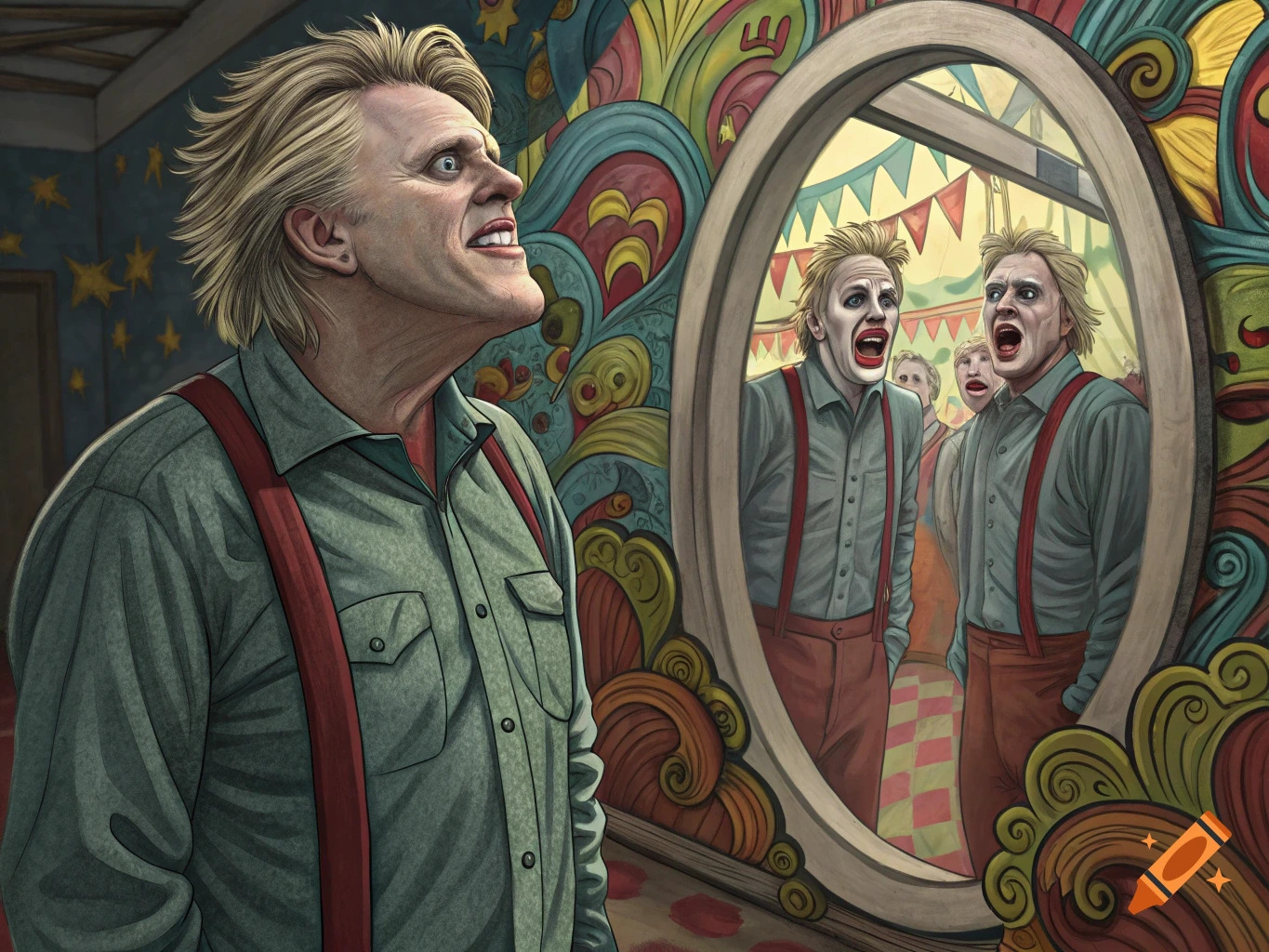 Man resembling Gary Busey looks into a funhouse mirror reflecting distorted clown figures.