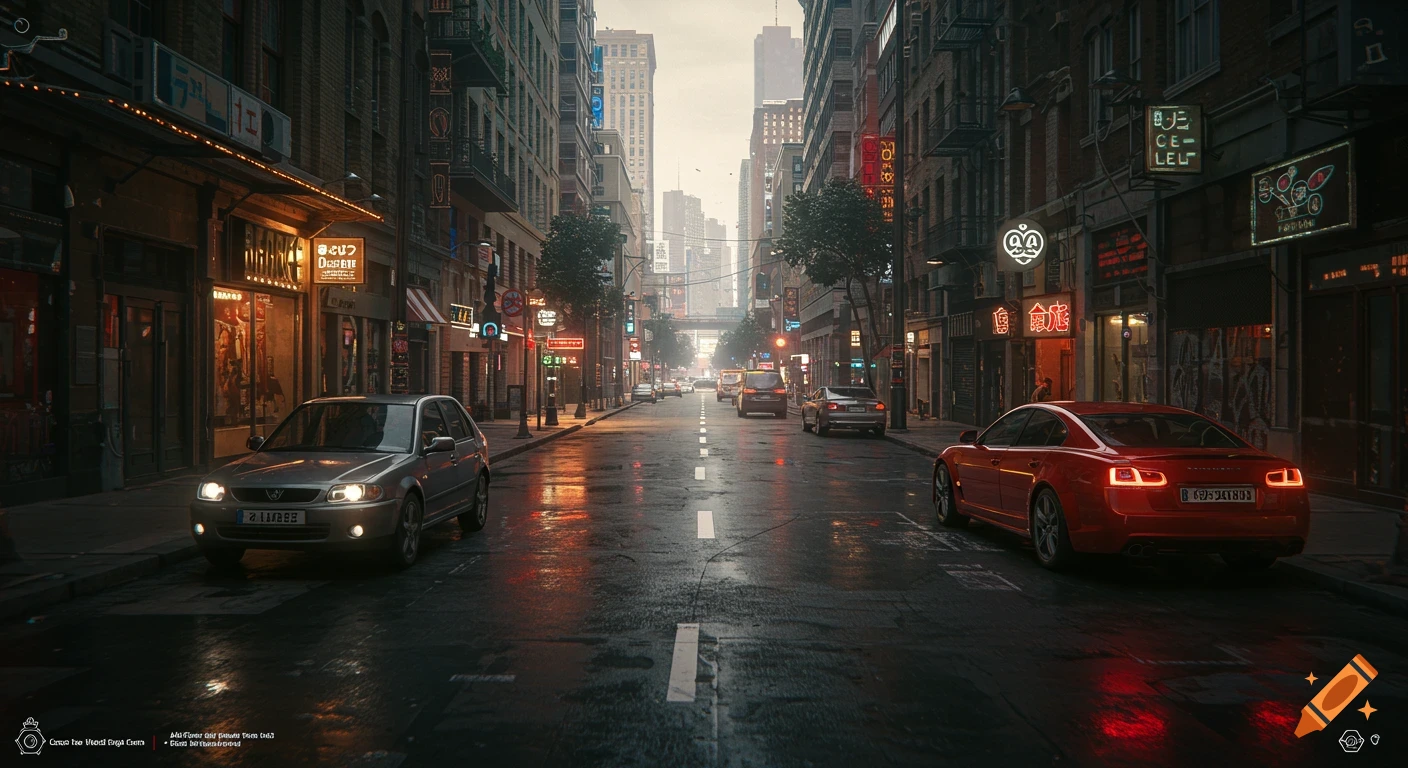 A moody city street at night with cars, buildings, and neon signs, in a cyberpunk style.