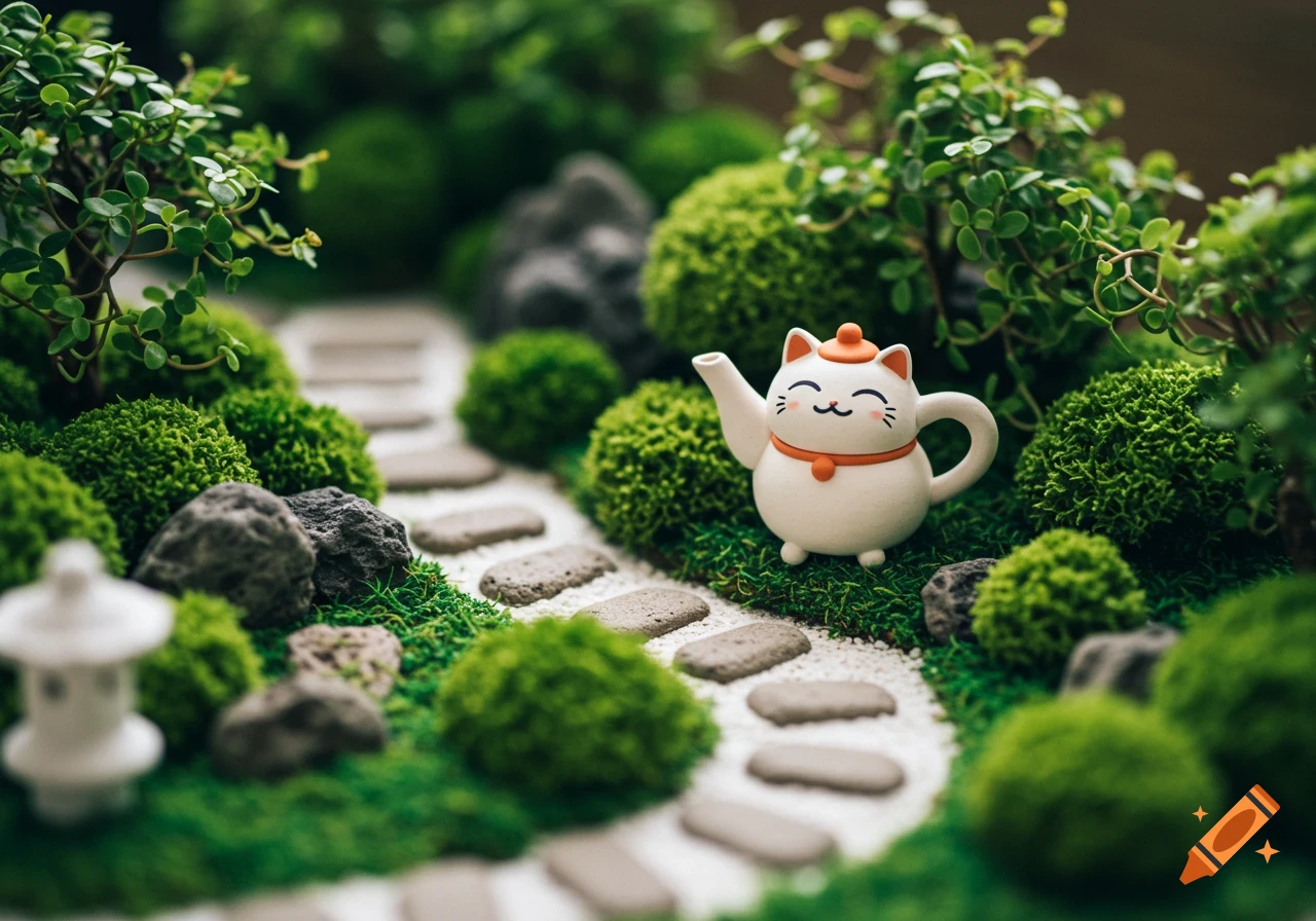 A miniature zen garden with moss, rocks, a stone path, and a white teapot shaped like a happy cat.