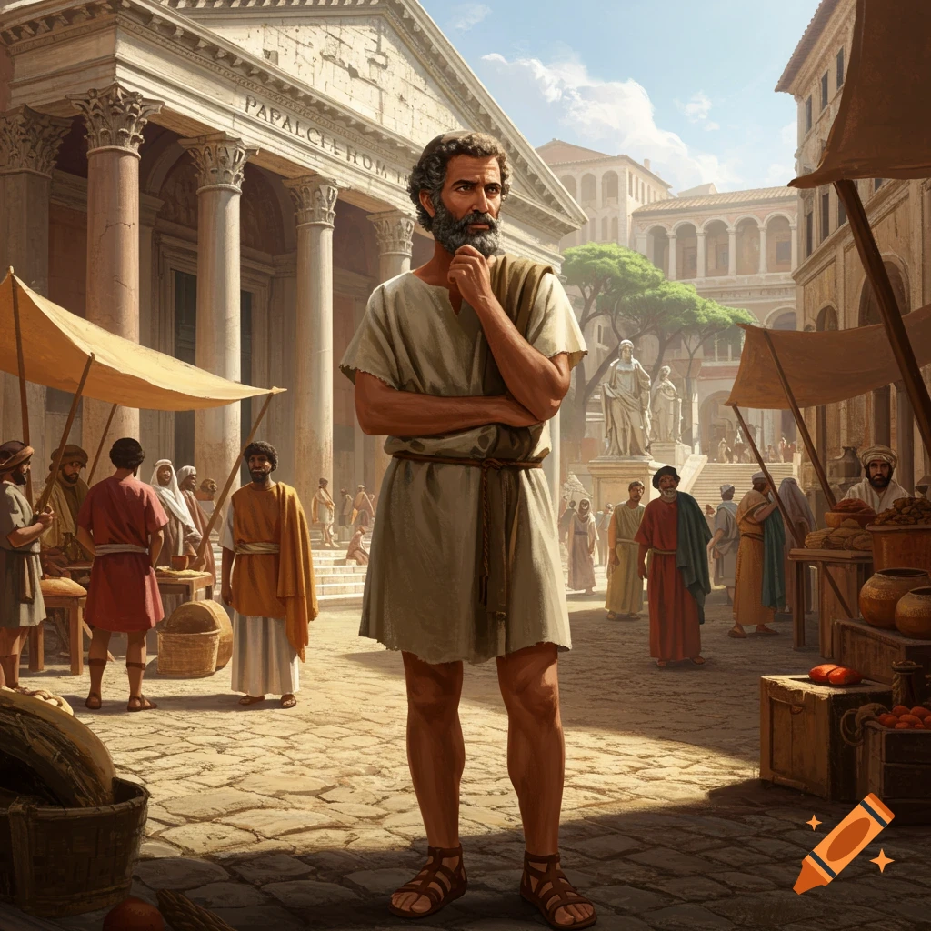 Man in ancient Roman marketplace with temple in background