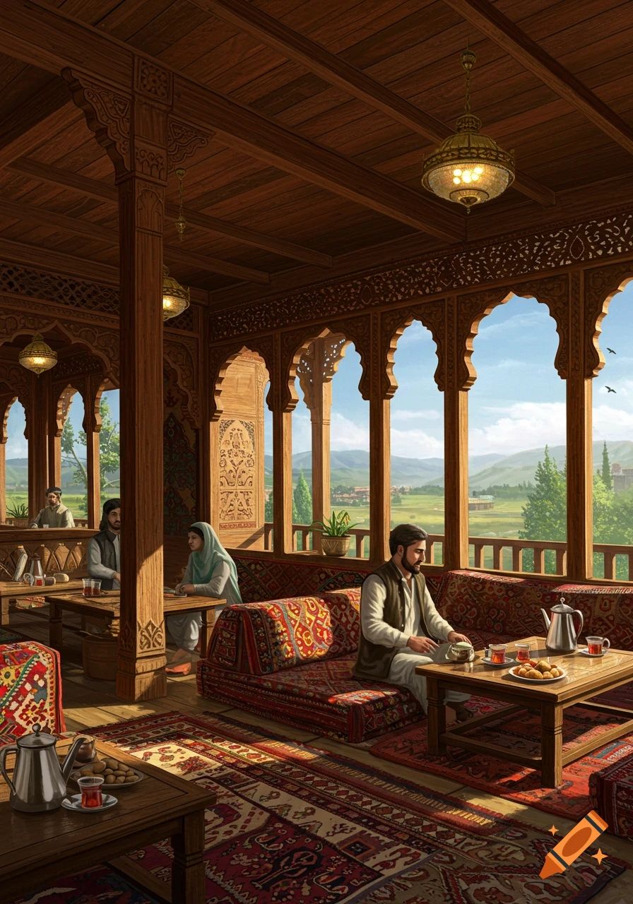 Detailed illustration of people in an ornate wooden cafe overlooking a landscape.