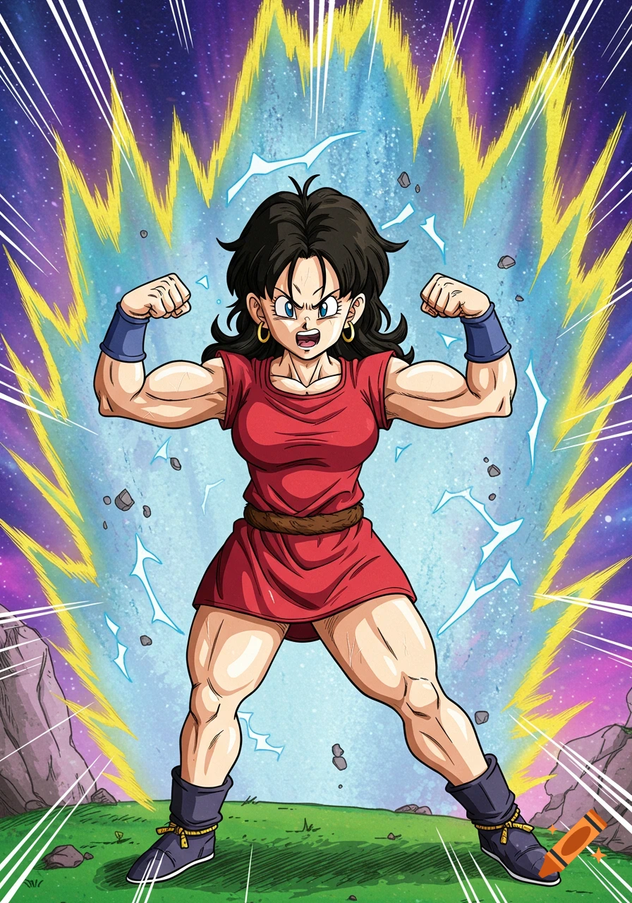 Dragon Ball Z style drawing of a muscular woman in a red dress flexing her arms.