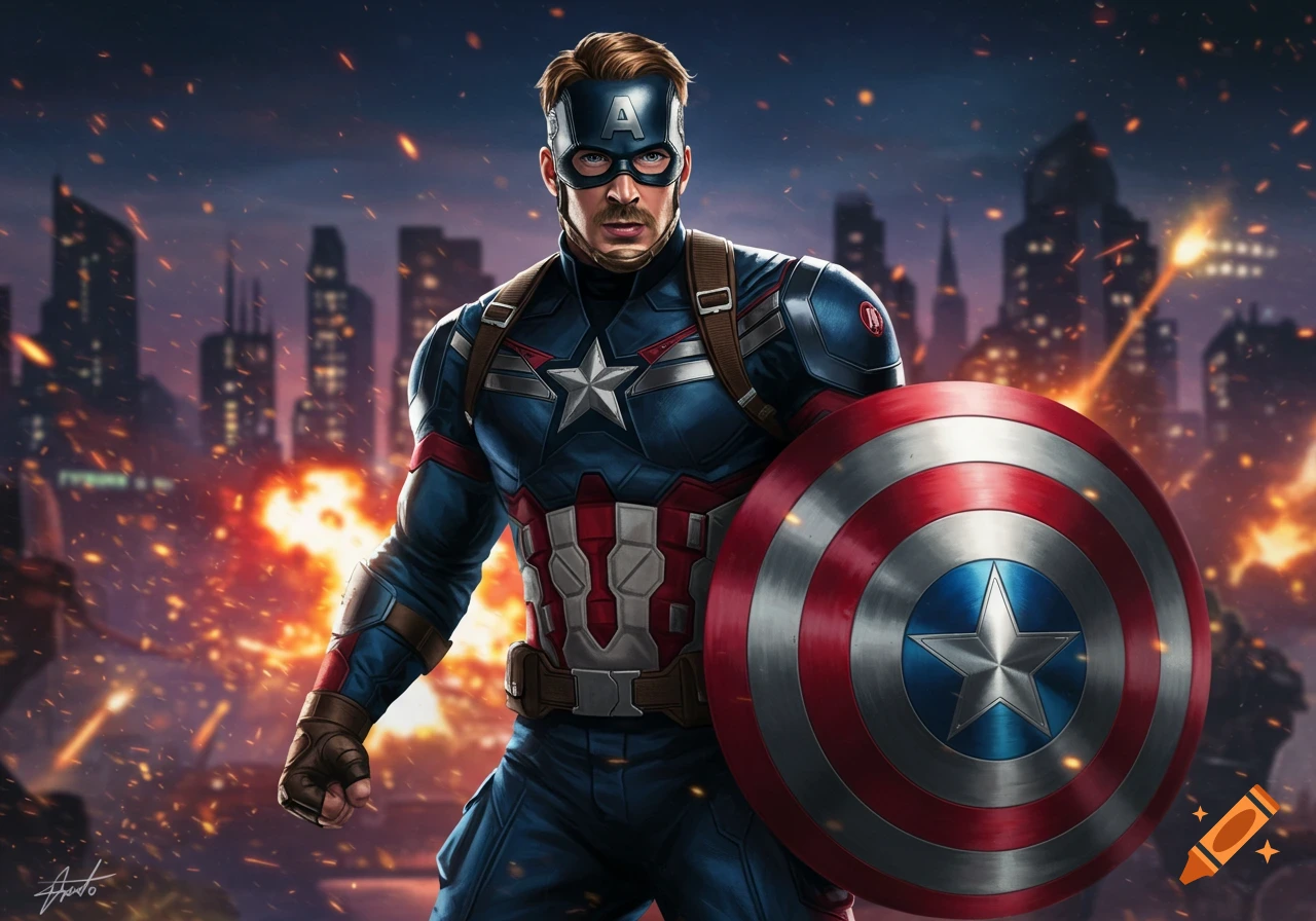 Captain America stands with his shield against a burning cityscape.