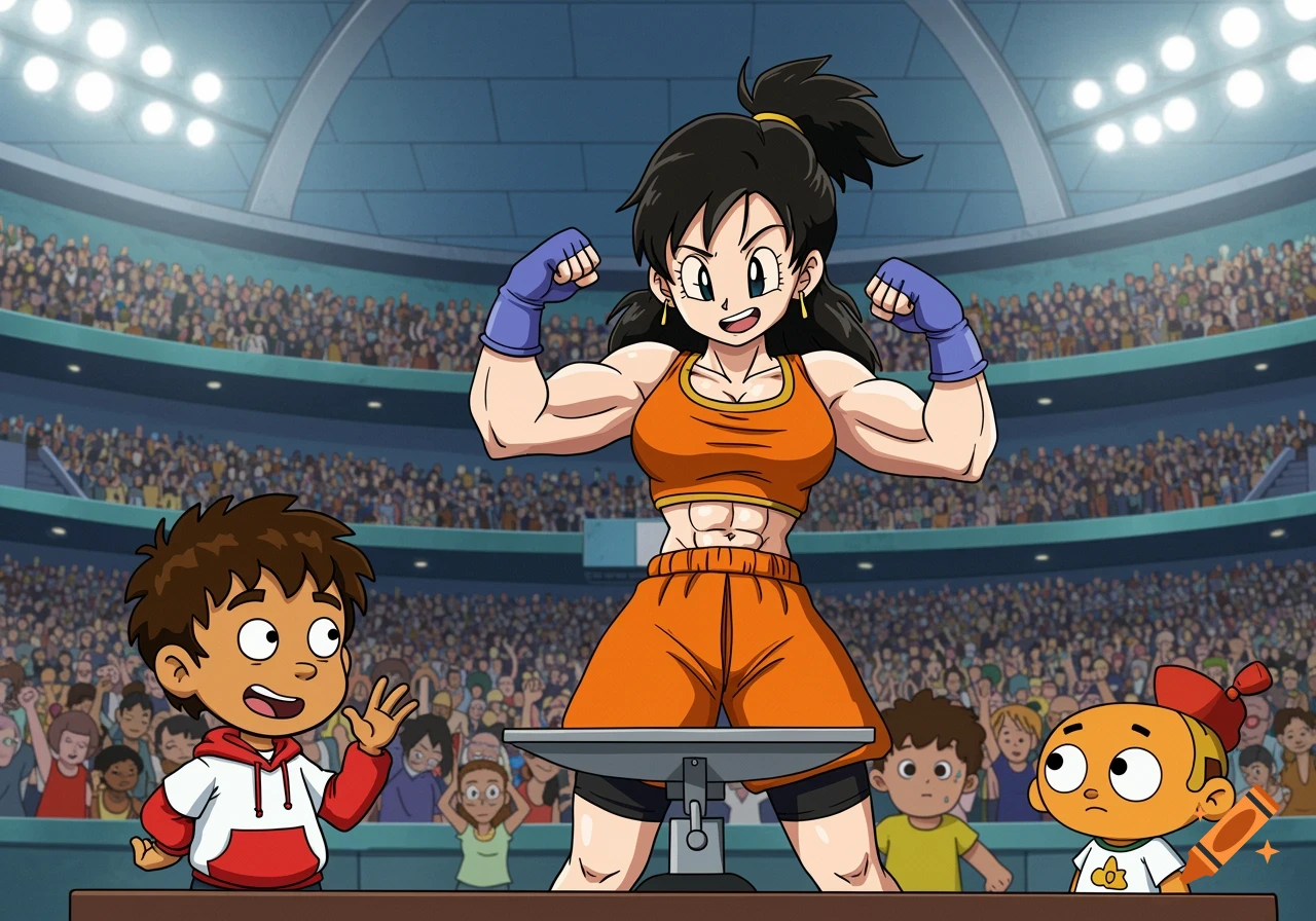 Anime character flexing muscles on a scale in a stadium with a crowd watching