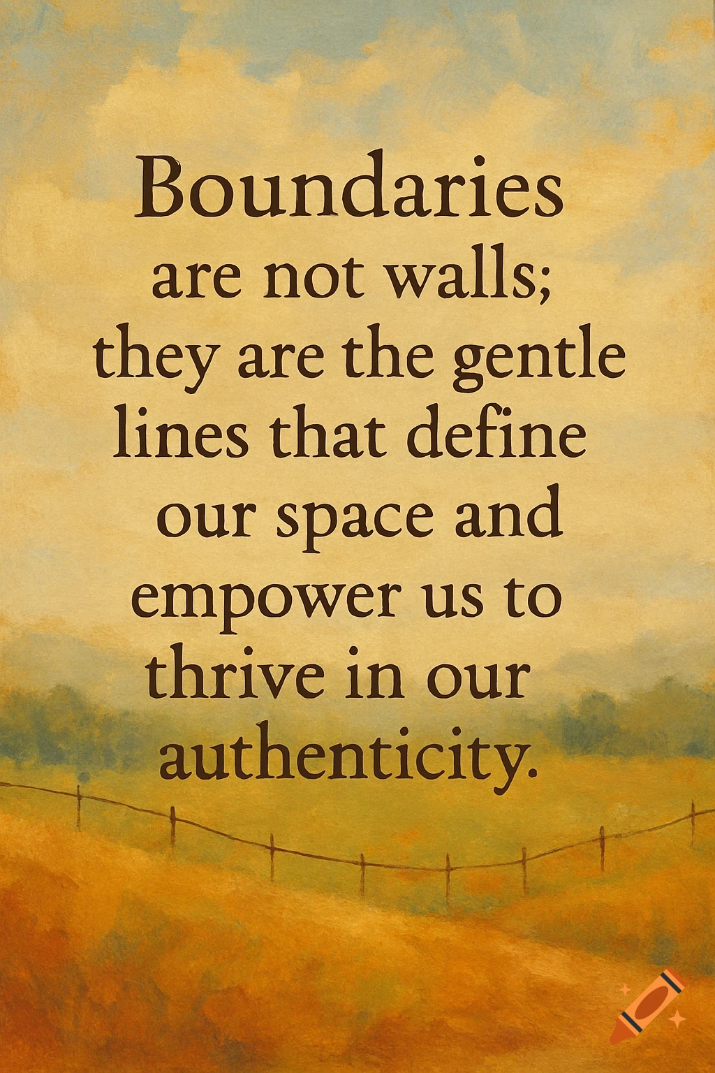Quote about boundaries overlayed on a textured landscape background with a fence and sky.