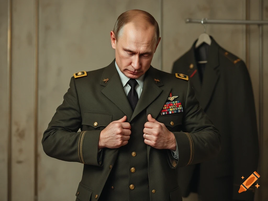 A man in a green military uniform adjusts his jacket, looking down.