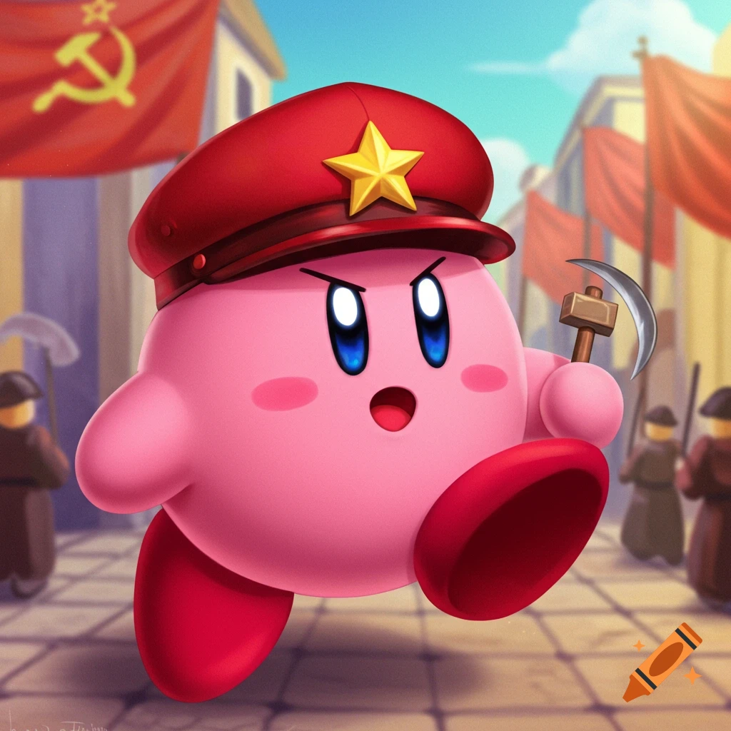 Kirby wears a red uniform with a star hat, holds a hammer and sickle, marching past Soviet flags.