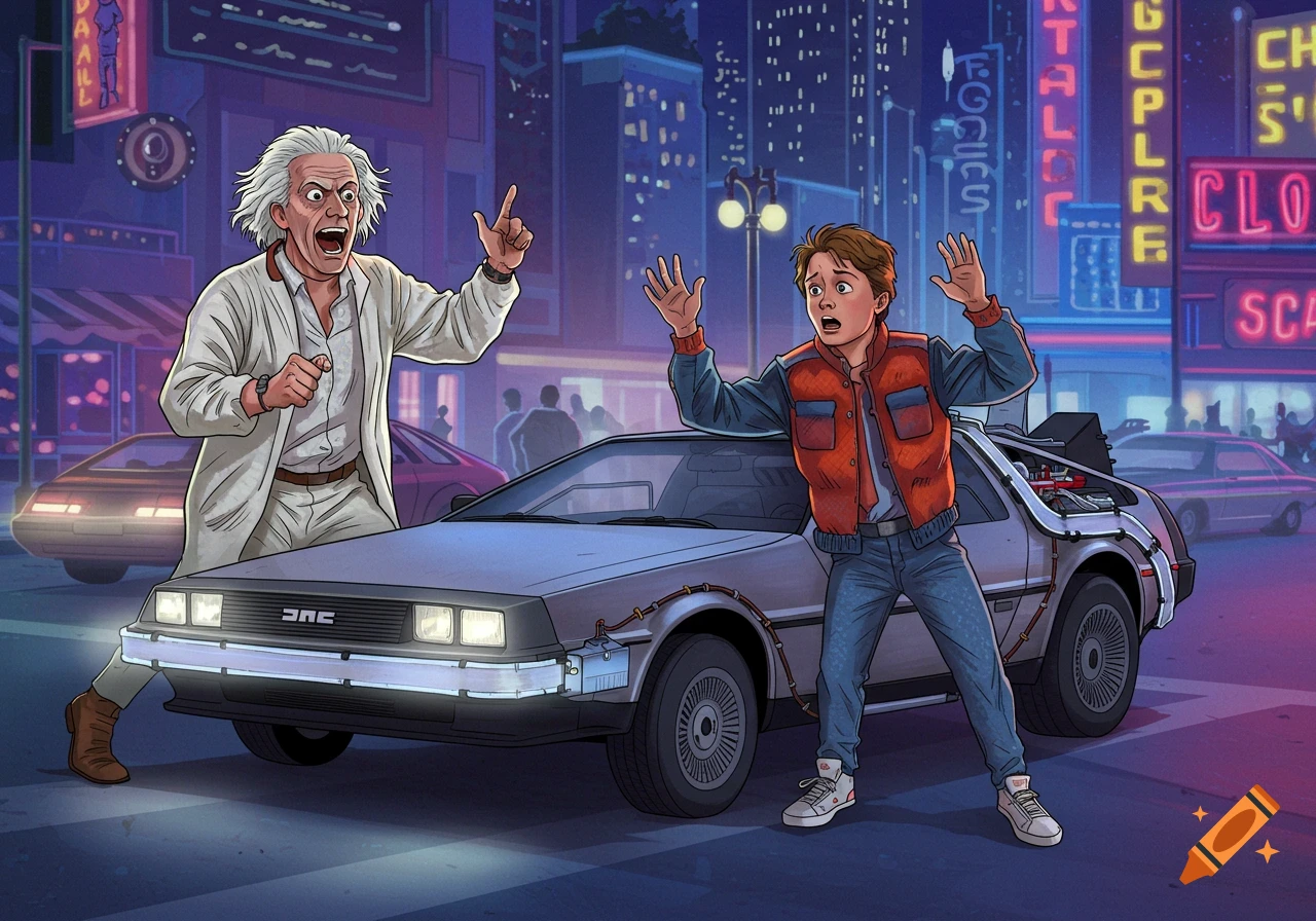 Cartoon of Doc Brown and Marty McFly with the DeLorean time machine at night