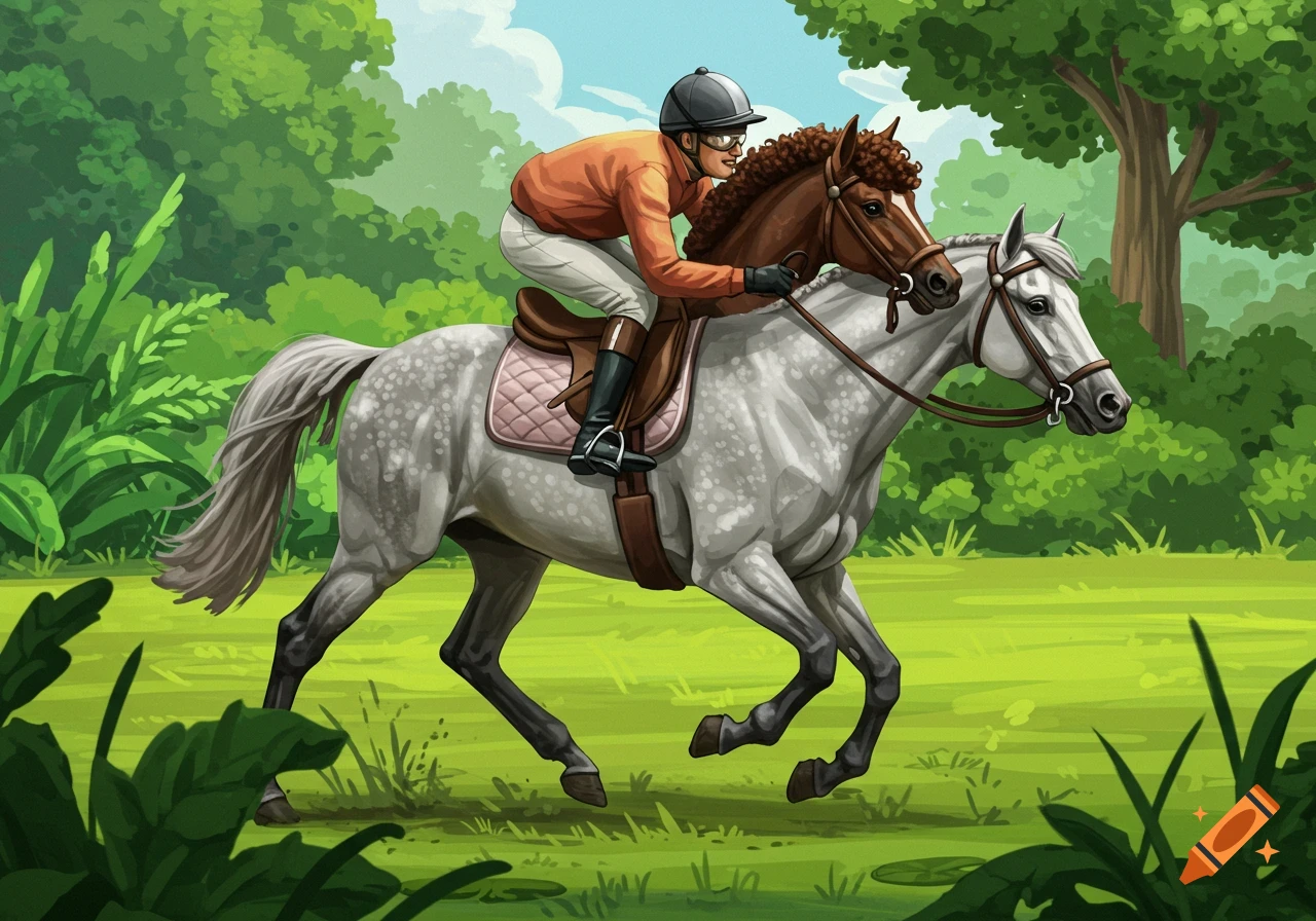 An illustration of a jockey riding a horse on the back of a larger horse in a field.