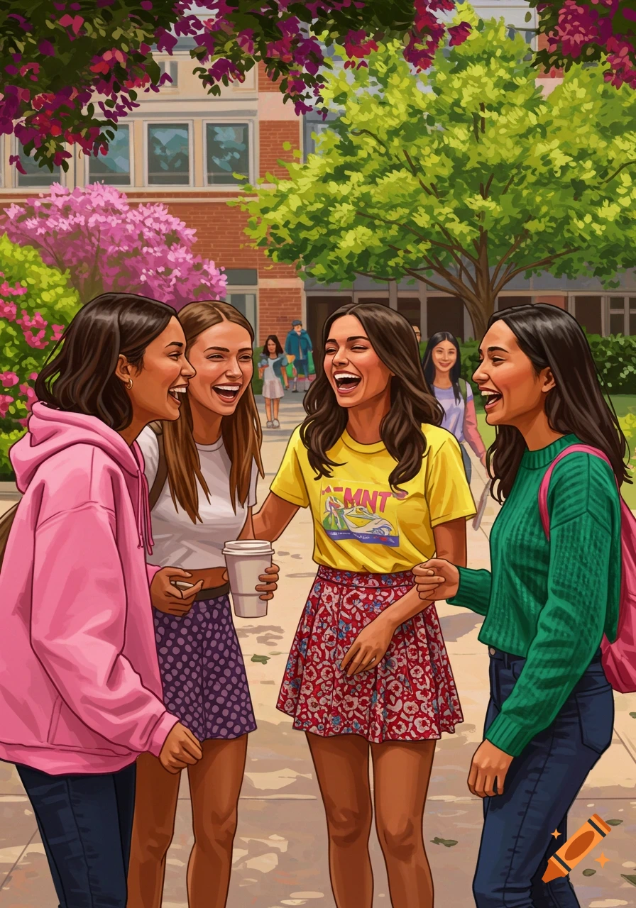 Four young women laugh together on a college campus.