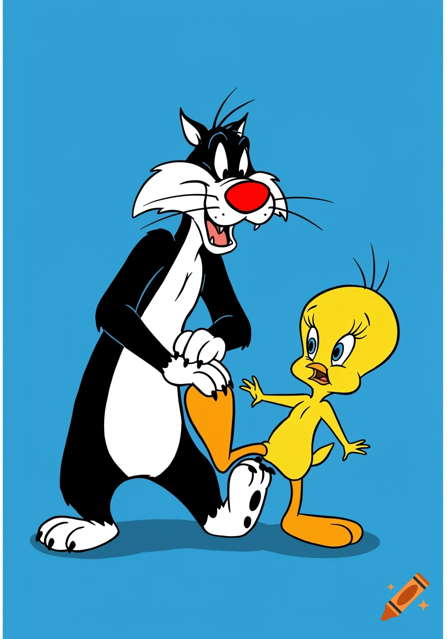 Cartoon of Sylvester the cat standing on Tweety Bird's foot on a blue background.