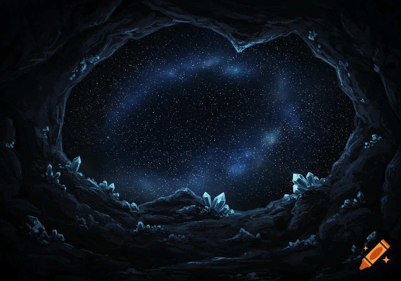View from inside a dark cave looking out at a starry night sky with crystals on the ground.