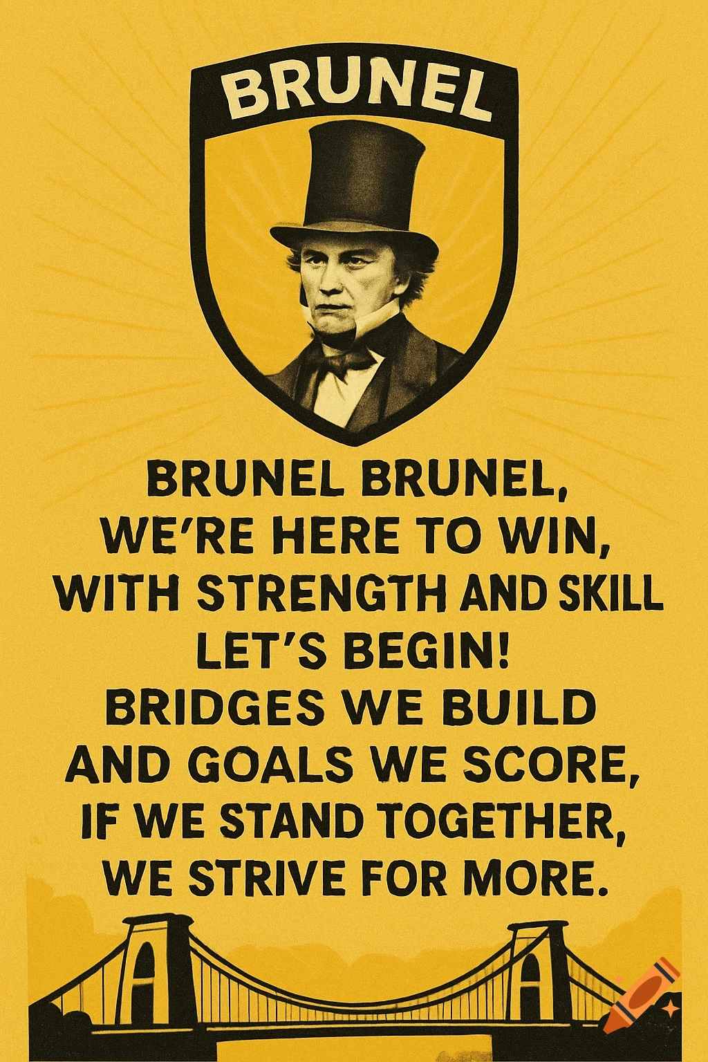 Poster of Isambard Kingdom Brunel in a shield logo above a chant and a bridge.
