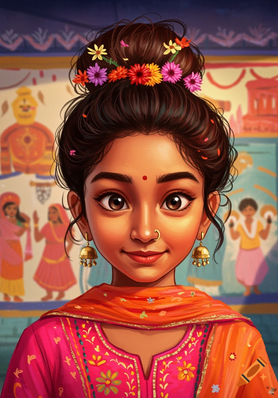 Illustration of a young Indian girl with a messy bun adorned with flowers, wearing traditional clothing, against a colorful background.