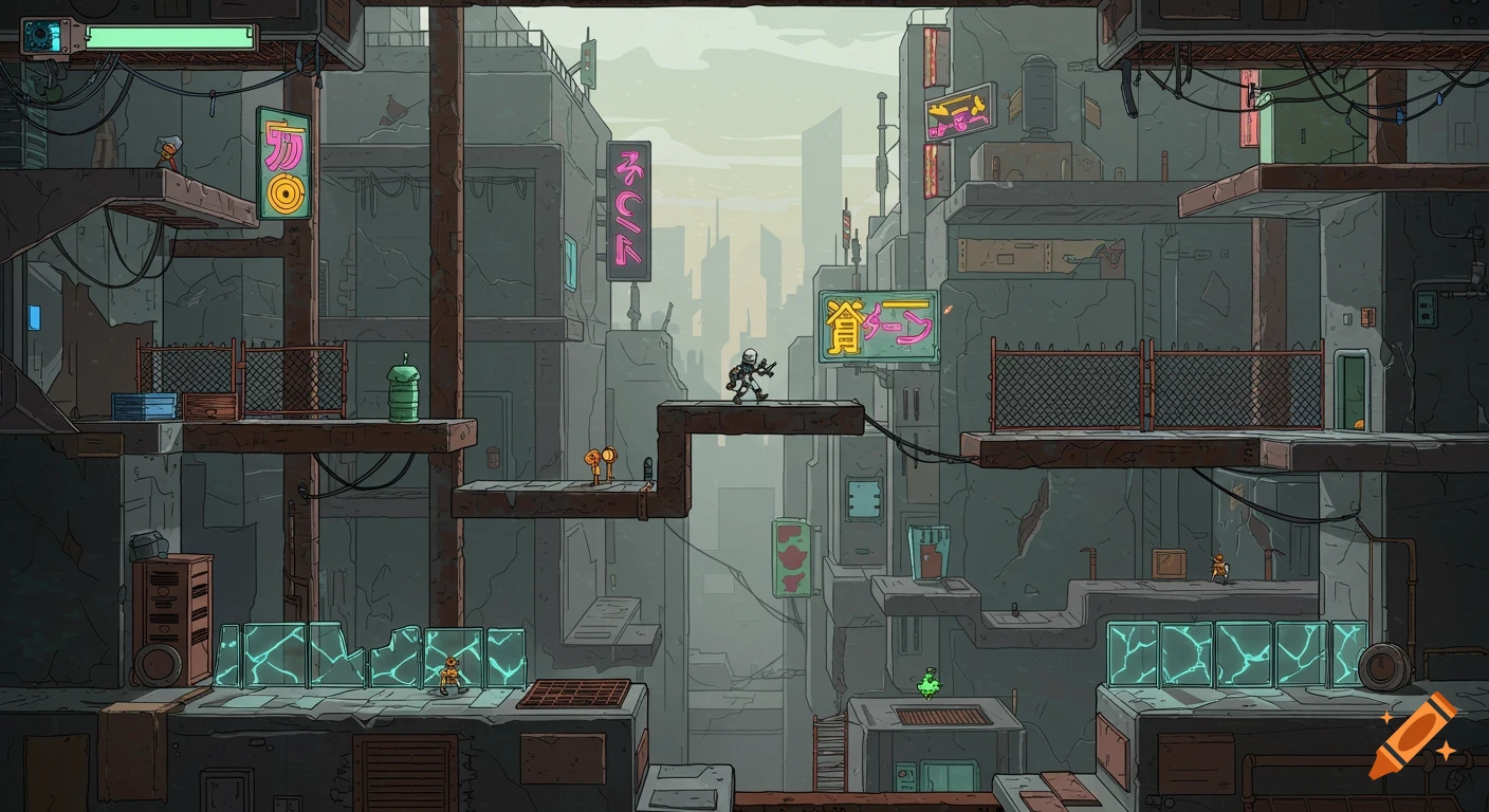 A 2D platformer level illustration of a dystopian sci-fi city with platforms, wires, and neon signs.