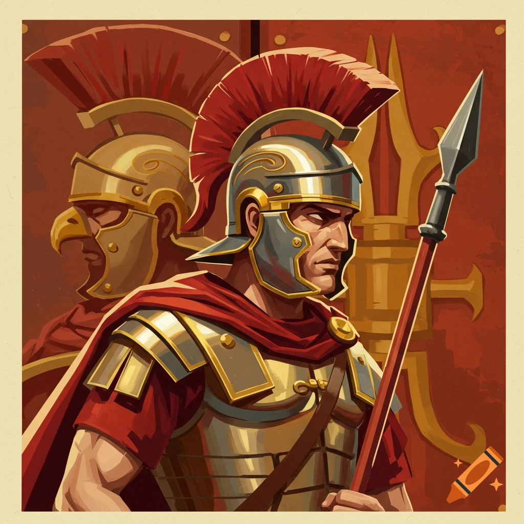 Two Roman soldiers in armor, one holding a spear, against a red and gold background in a stylized illustration.
