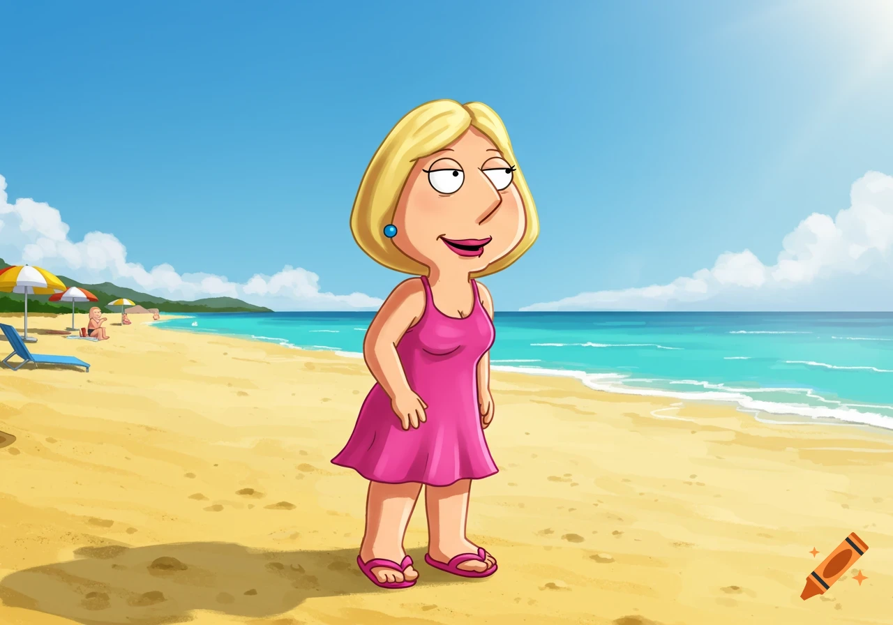 Lois Griffin from Family Guy stands on a sandy beach.