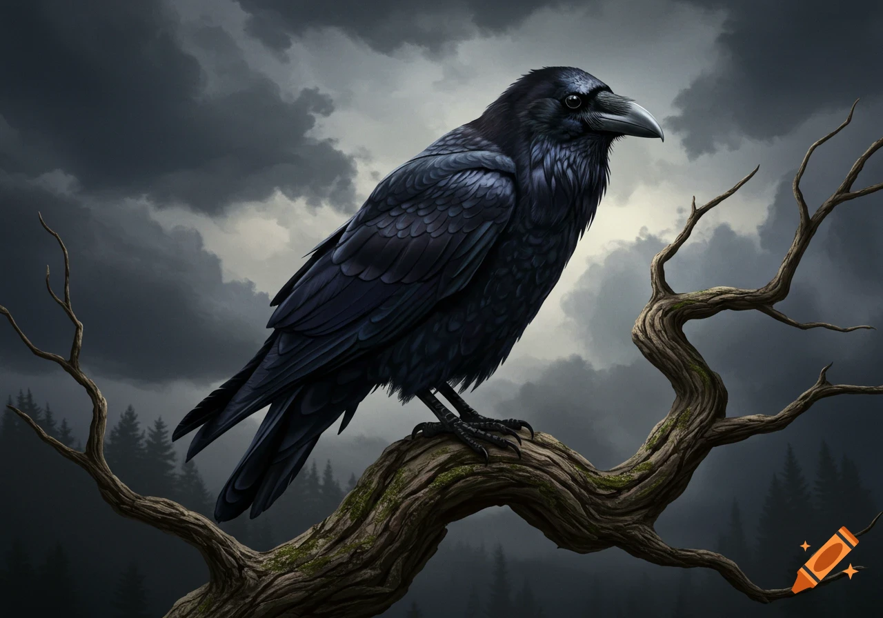 A black raven is perched on a gnarled, bare branch against a dark ...