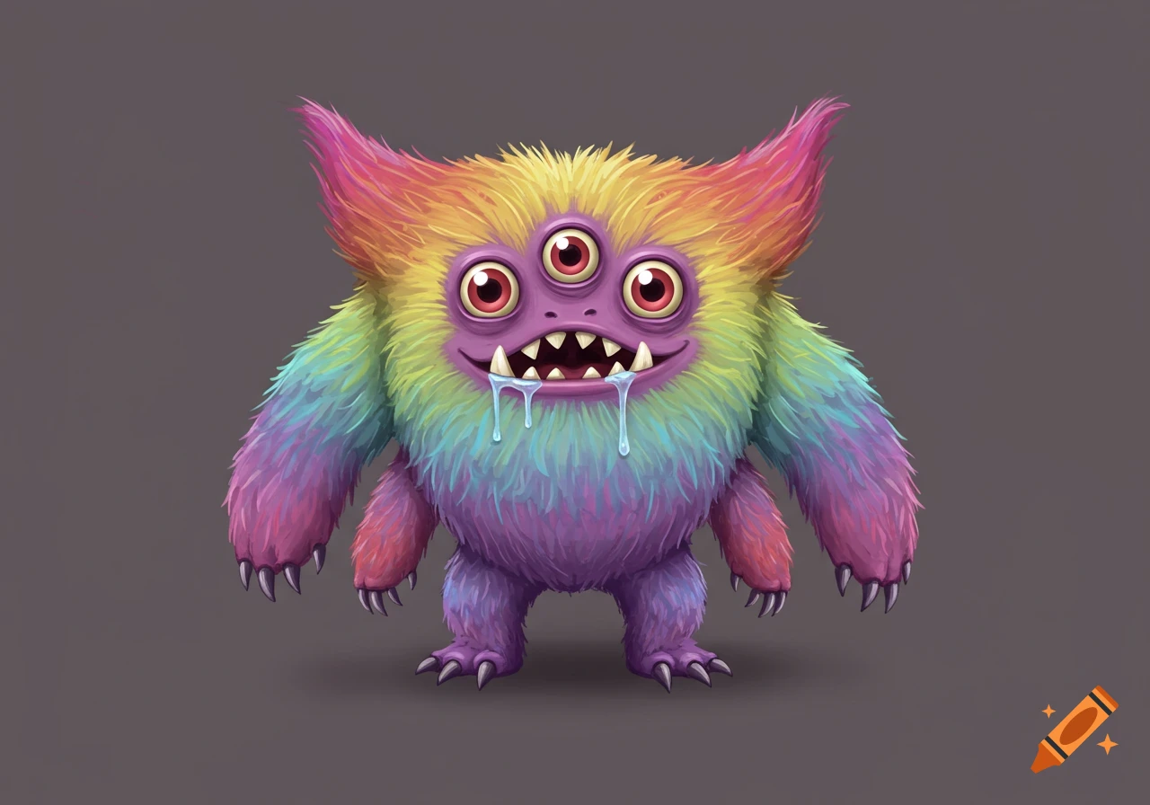 A cute cartoon monster with rainbow fur, three red eyes, sharp teeth, claws, and drool.