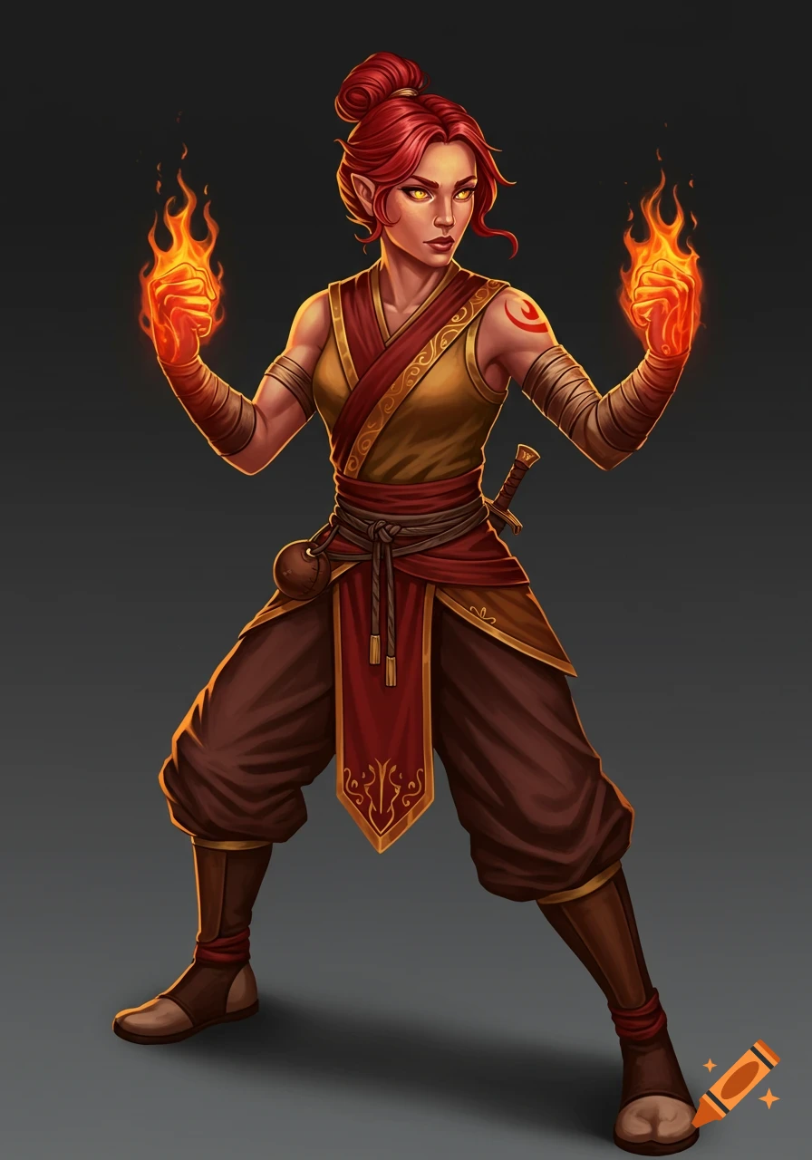 Red-haired female fantasy character with glowing eyes and fire in her hands, wearing martial arts attire.