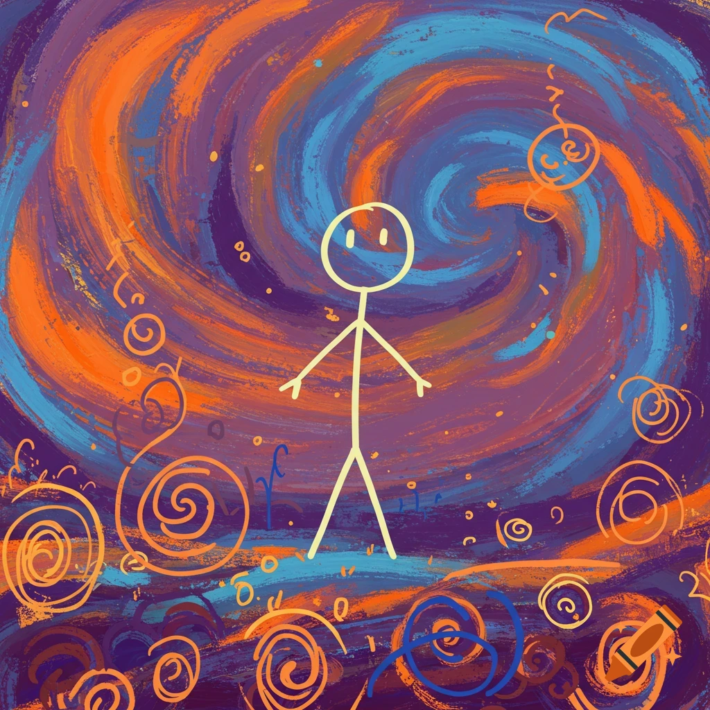 A stick figure stands in front of a swirling abstract background of orange, blue, and purple.