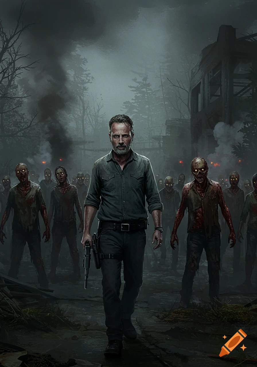 Man with gun walks through a dark, misty landscape surrounded by zombies.