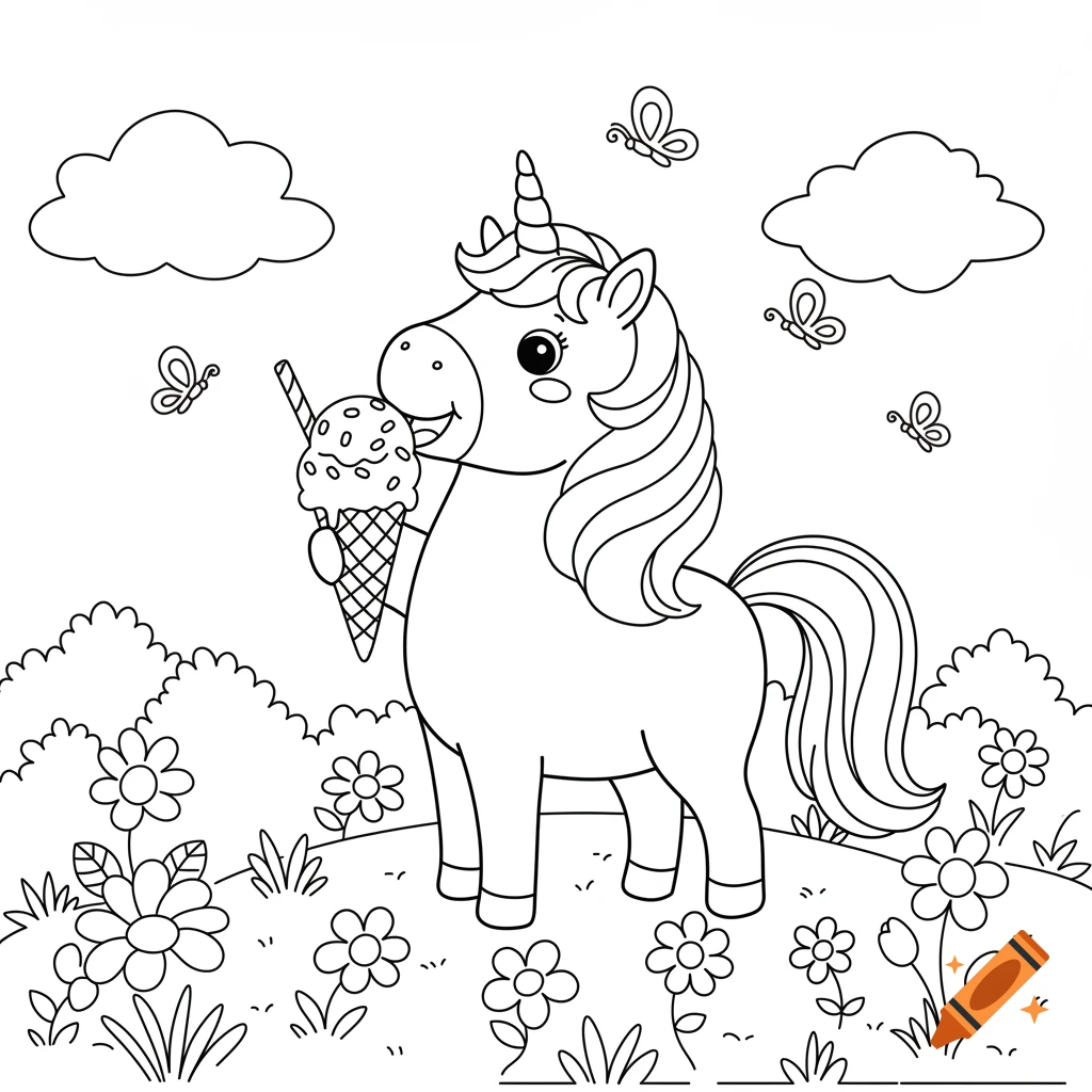 A black and white coloring page drawing of a cartoon unicorn eating an ice cream cone in a field with flowers, clouds, and butterflies.