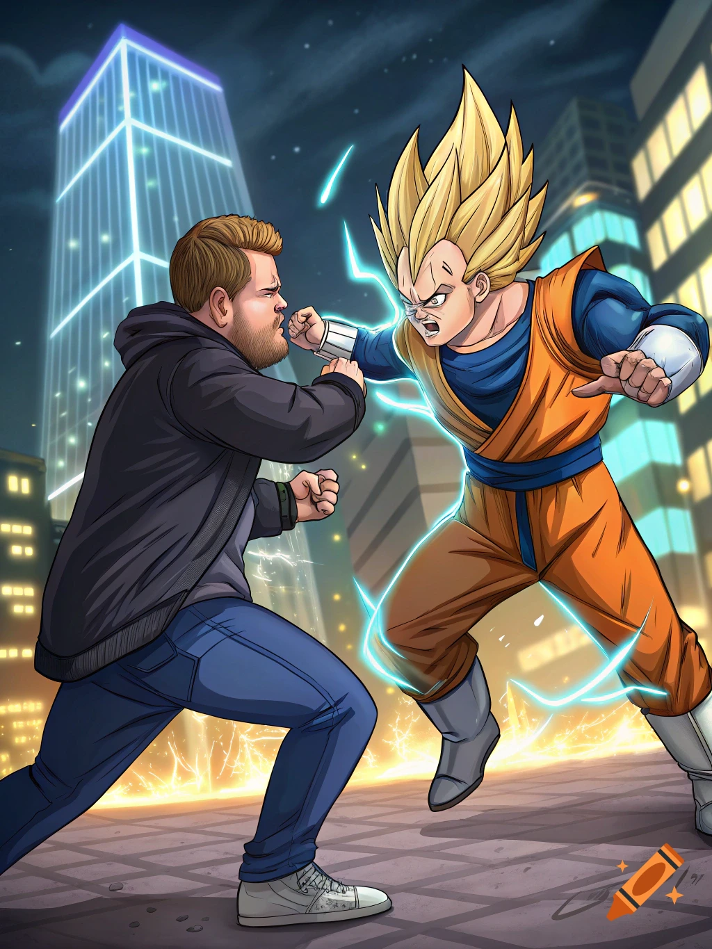 James Corden and Vegeta fight in a cartoon style in a city at night.