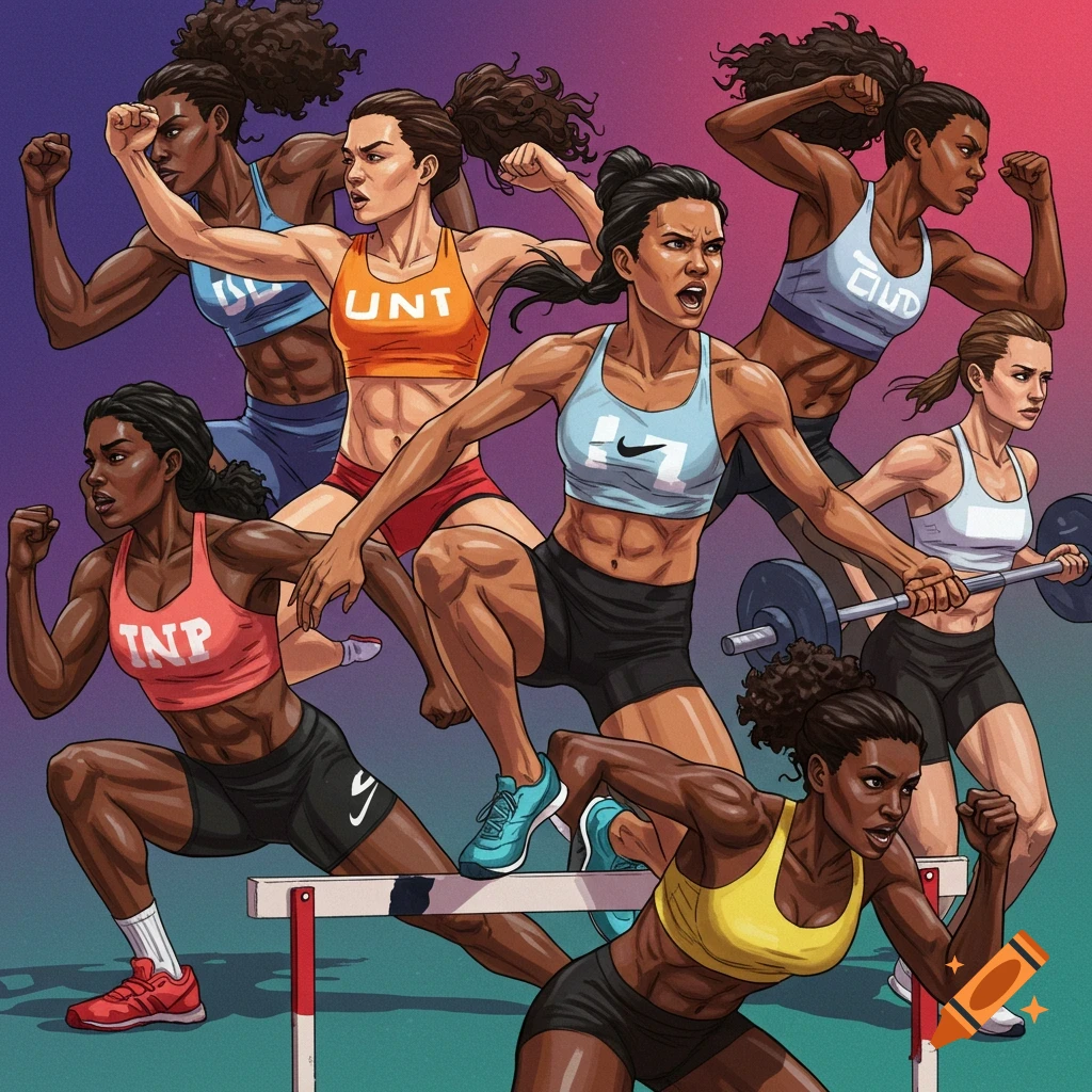 Illustrated depiction of multiple female athletes running, hurdling, and lifting weights.