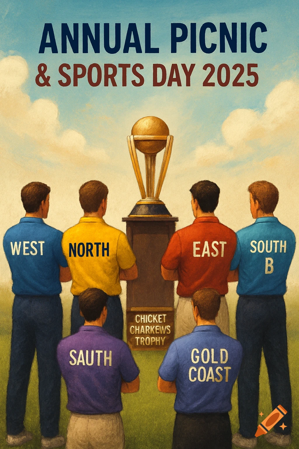 Painting of men in team shirts looking at a cricket trophy at an annual sports day.