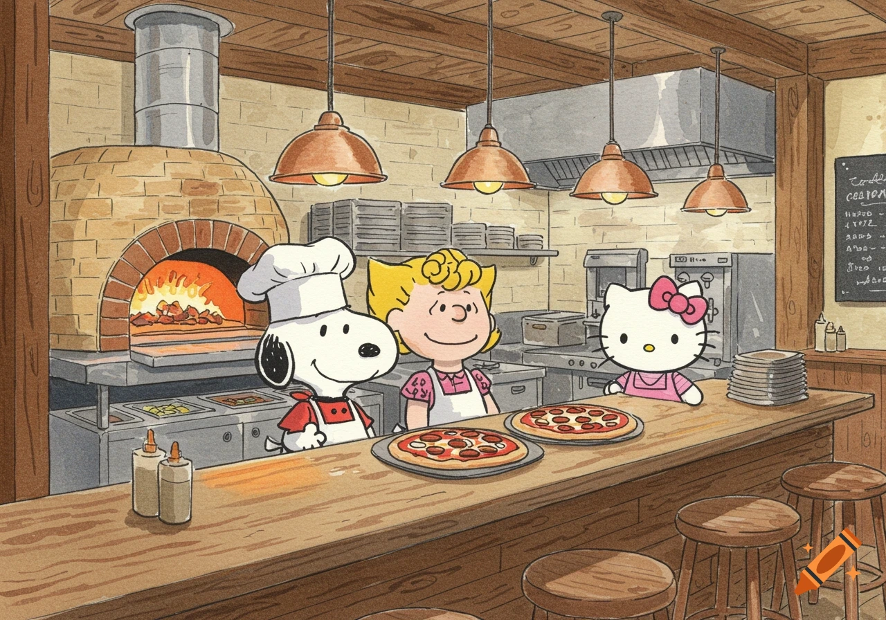 Watercolor illustration of Snoopy, a girl, and Hello Kitty behind a counter in a pizzeria with pizzas and a wood-fired oven.