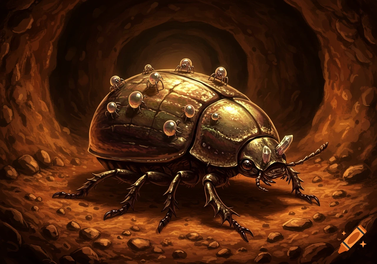 Large armored beetle covered in tiny mites in an underground tunnel