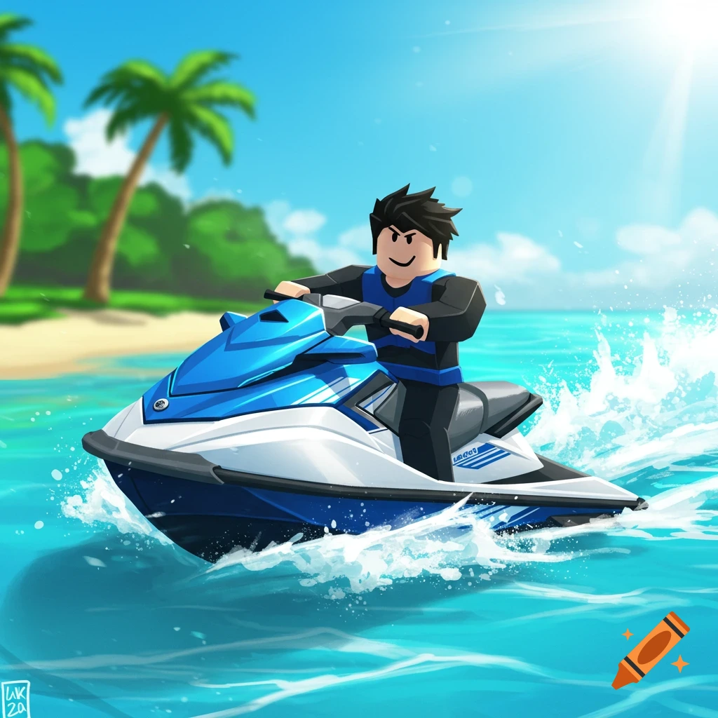 Roblox character riding a jet ski in the ocean, illustration style.