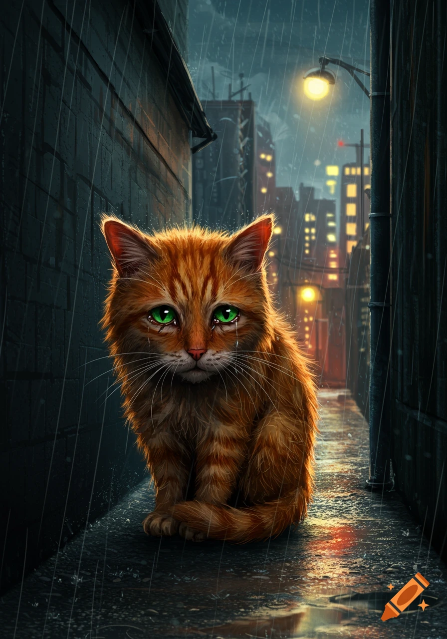 A sad orange cat with green eyes sits alone in a rainy city alley at night.