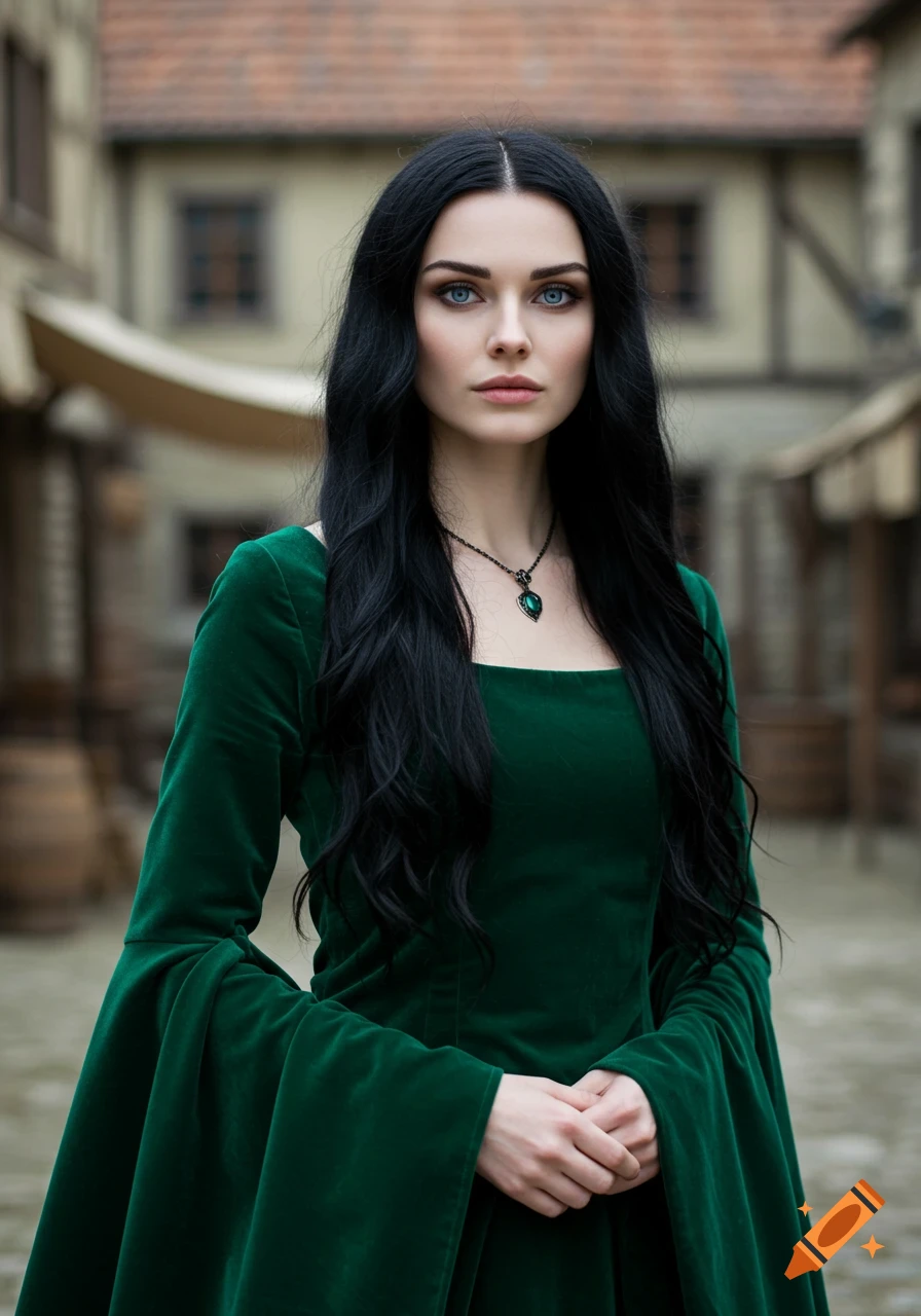 Portrait of a woman with black hair and blue eyes in a green medieval dress. on Craiyon Portrait of a woman with black hair and blue eyes in a green medieval dress. on Craiyon