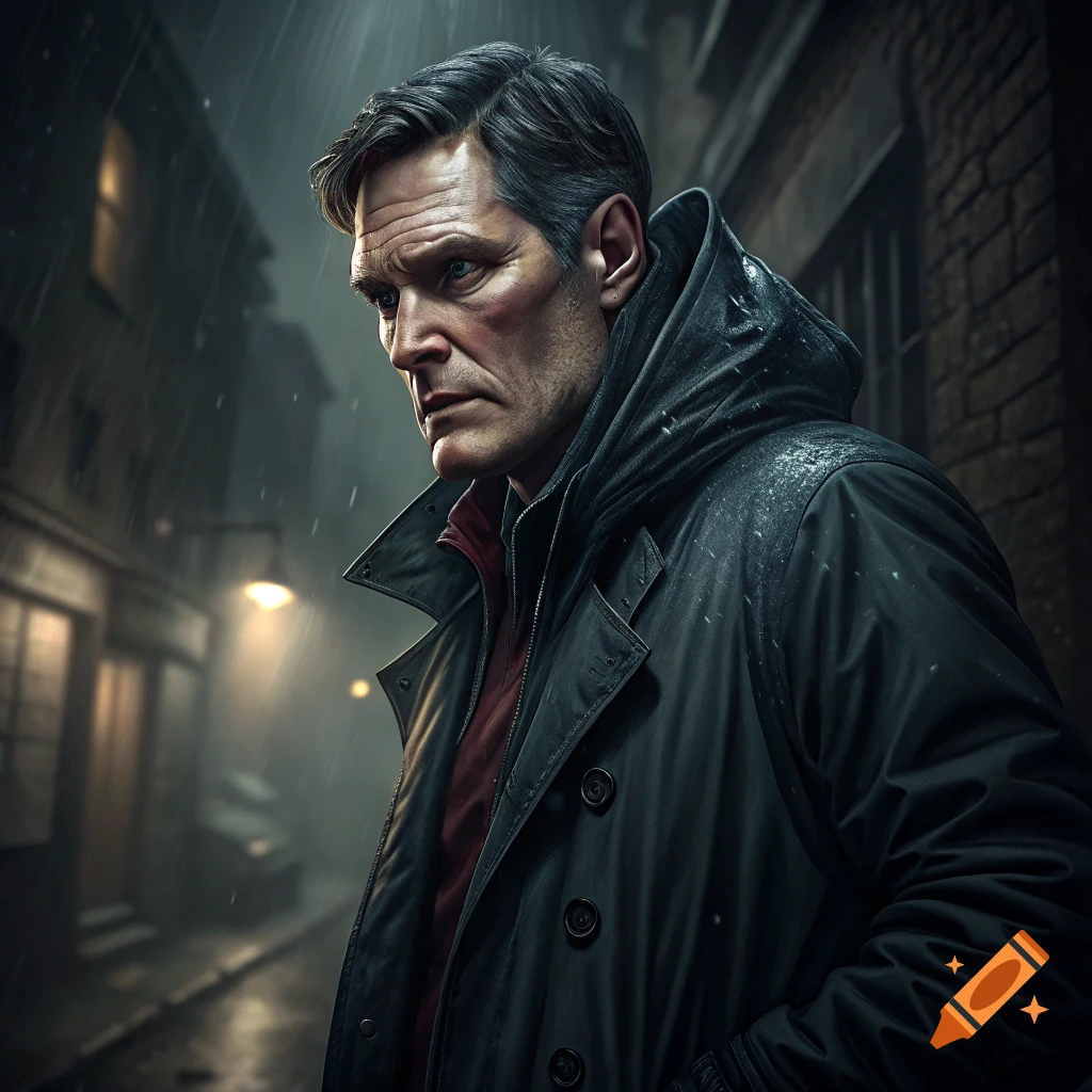 Realistic portrait of a man in a trench coat standing in a rainy street at night.