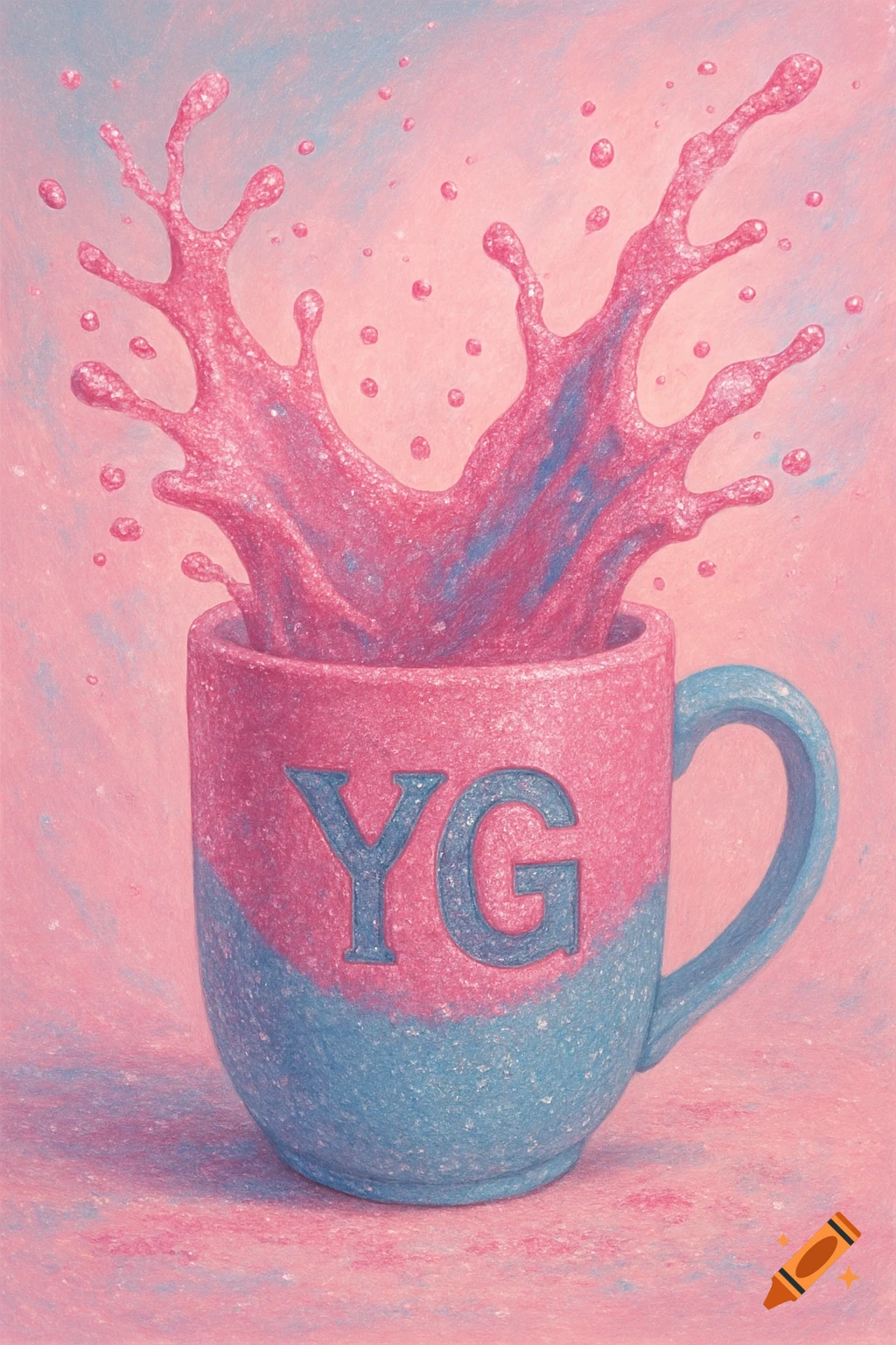 A glittery pink and blue cup with YG initials, splashing pink glittery liquid