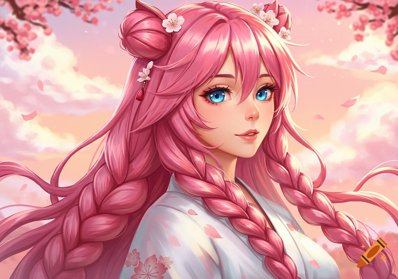 Anime girl with pink braided hair and blue eyes in kimono, cherry blossoms background.