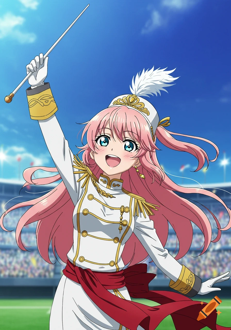 Anime girl in a white and gold marching band uniform with pink hair raising a baton in a stadium.