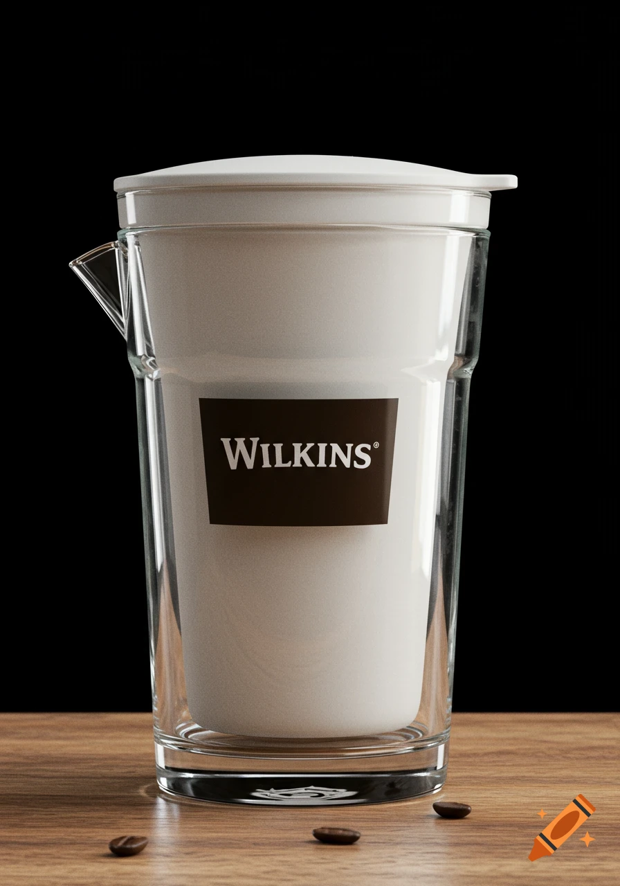 Glass Wilkins pitcher with coffee beans on a wooden surface.
