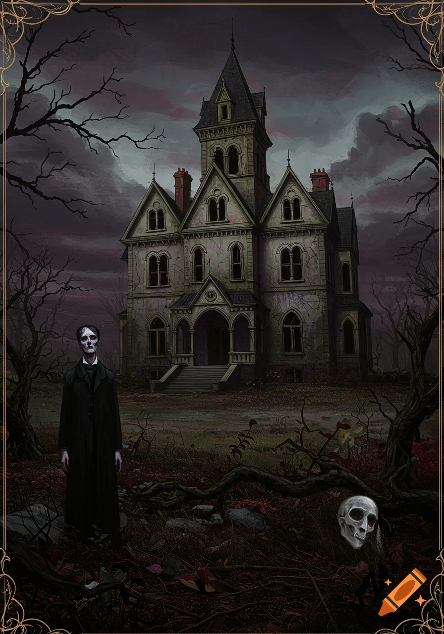 A dark, gothic illustration of a haunted house with a pale figure standing in the foreground and a skull.