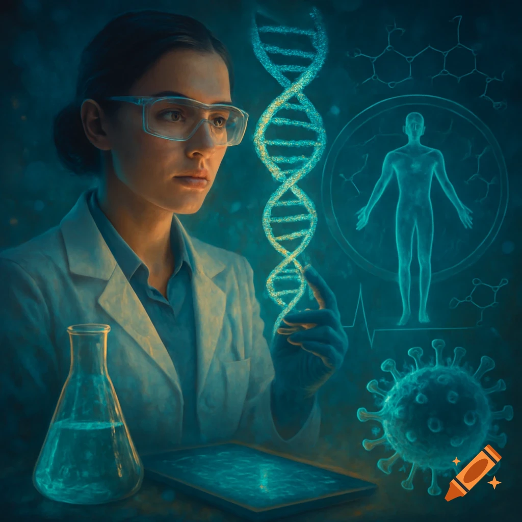 Scientist examining a glowing DNA strand with scientific diagrams.