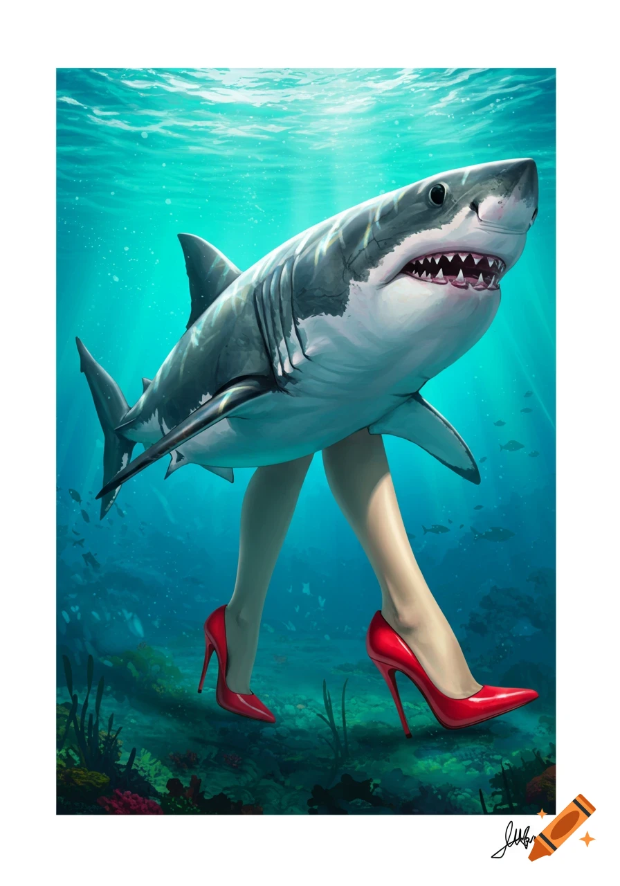 A great white shark body with human legs in red high heels walking underwater.