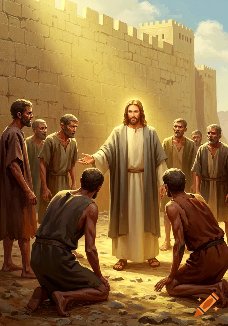 Jesus stands with outstretched hands, surrounded by followers near a stone city wall.