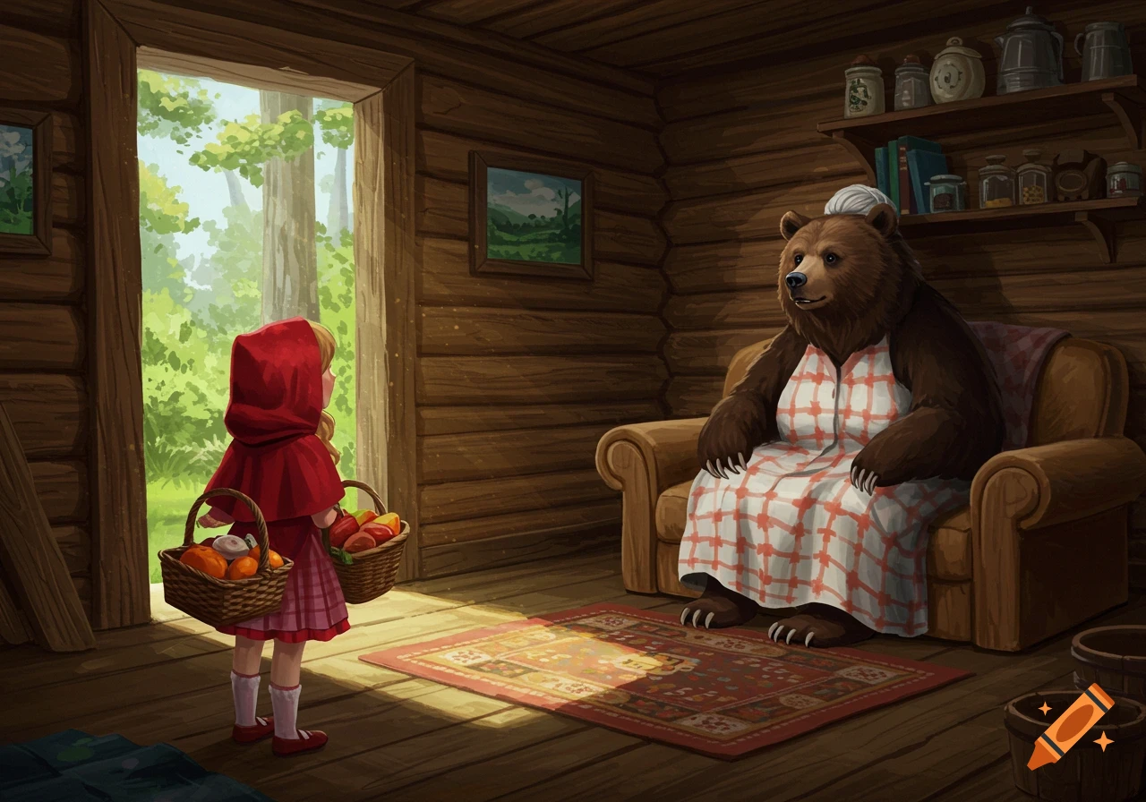 Little Red Riding Hood carrying baskets enters a cabin and sees a bear disguised as a grandma in an armchair.